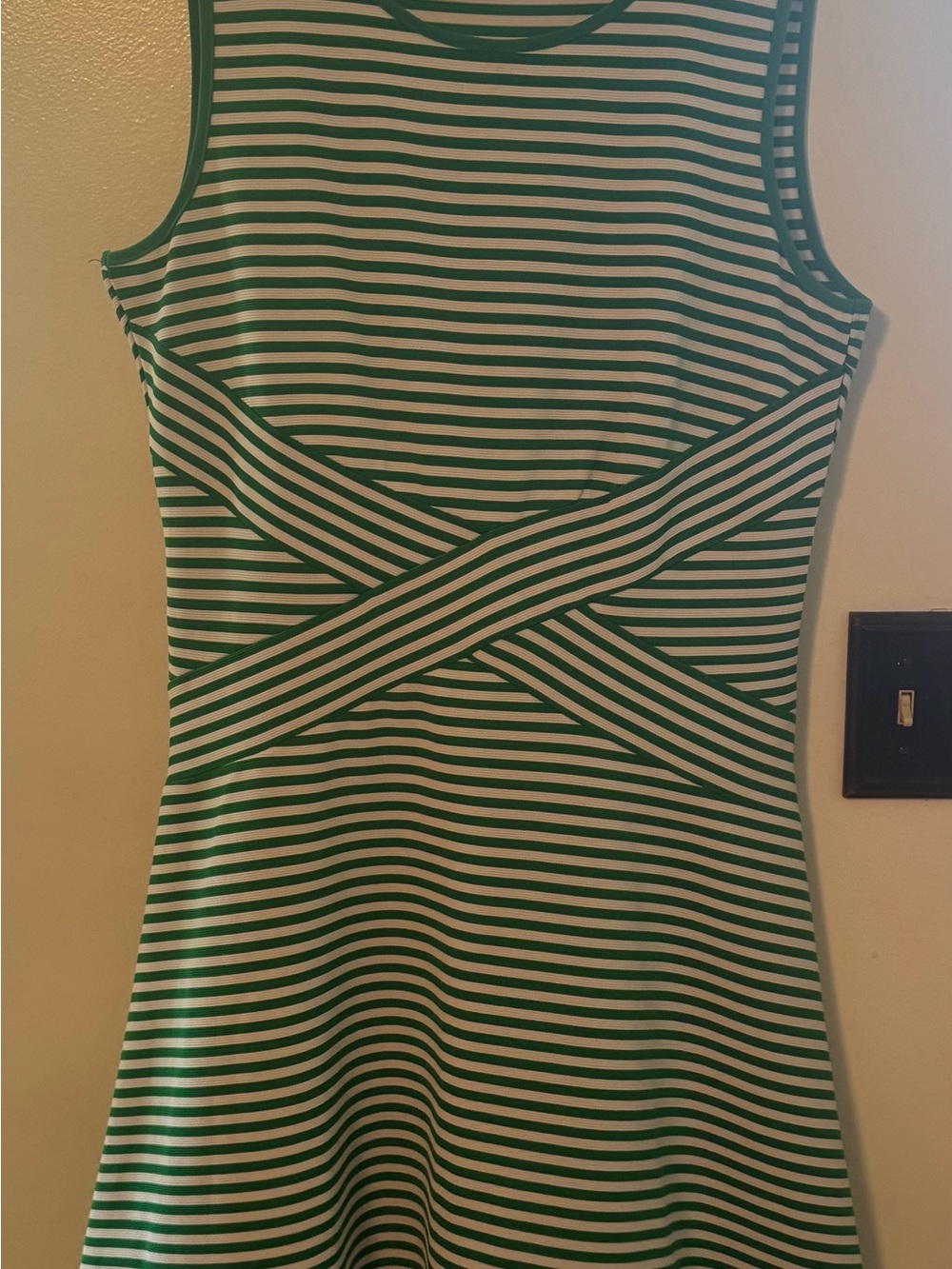 Striped Green and White Midi Dress with Crisscross Waist